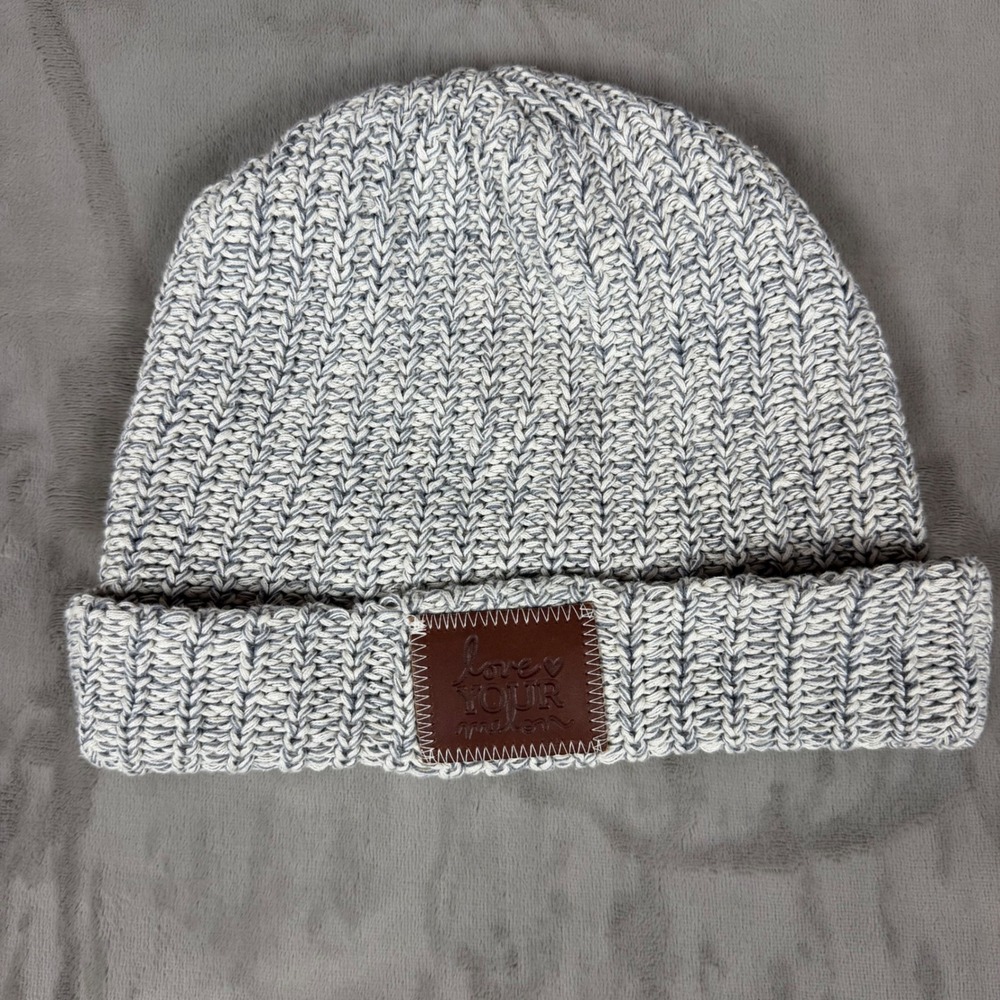 Love Your Melon Gray White Marled Knit Cuffed Beanie Leather Patch Hat